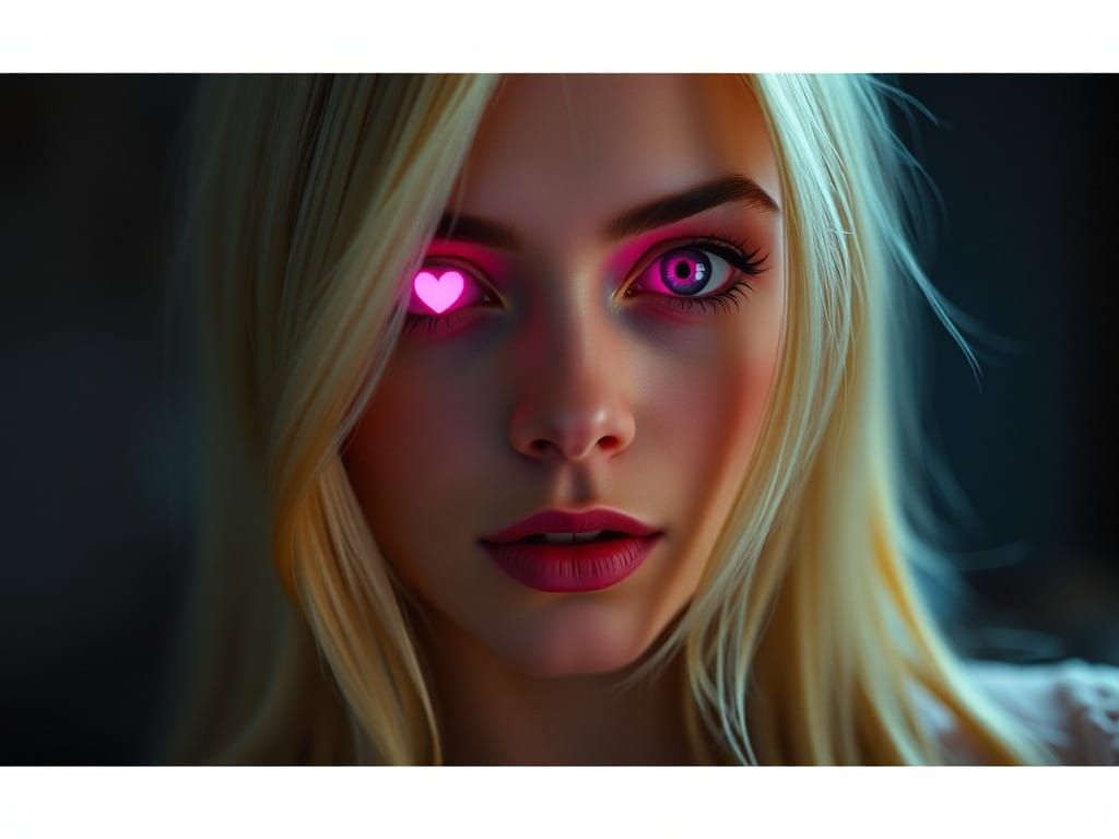 Glamorous Blonde Film Star with Pink Heart-Shaped Pupils in ...