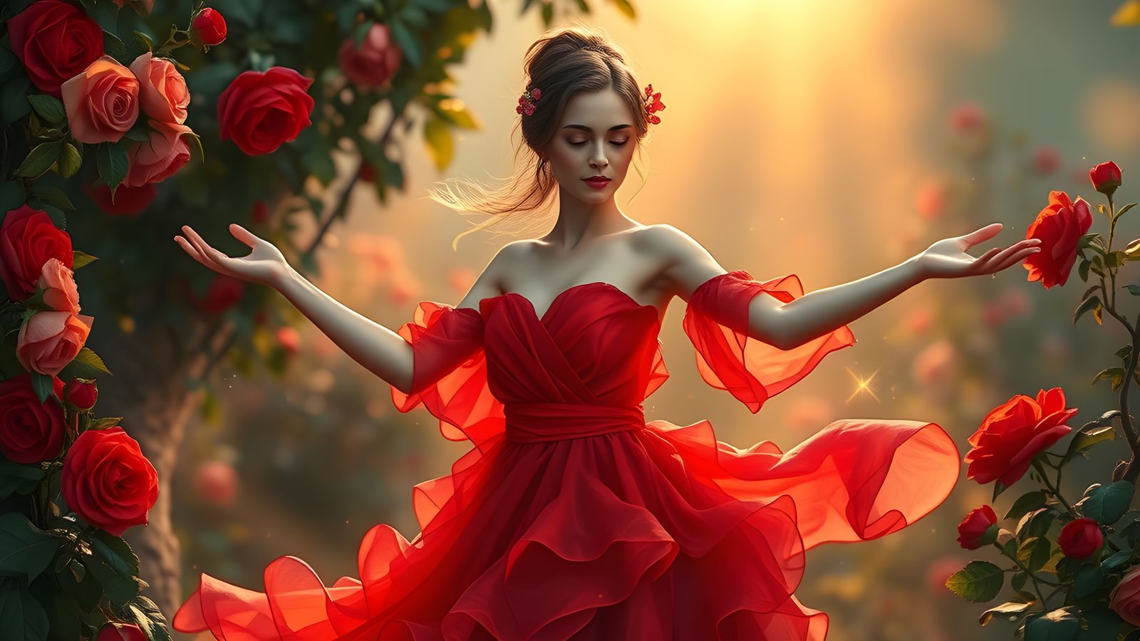 Ballerina's Rose Transformation in a Magical Garden