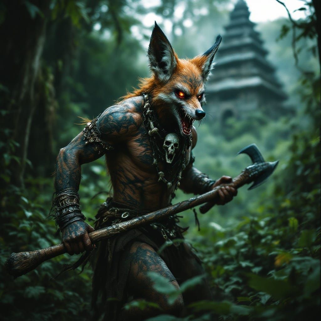 Epic Fox Warrior in Tribal Regalia, Surrounded by Ancient Ra...