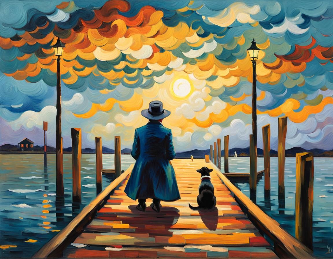 Sunset Dock Scene in Post-Impressionist Style