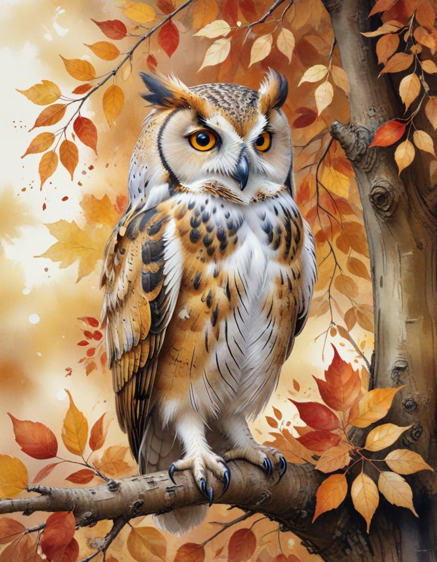 Detailed Owl Perched on Autumn Branch in Watercolor Style