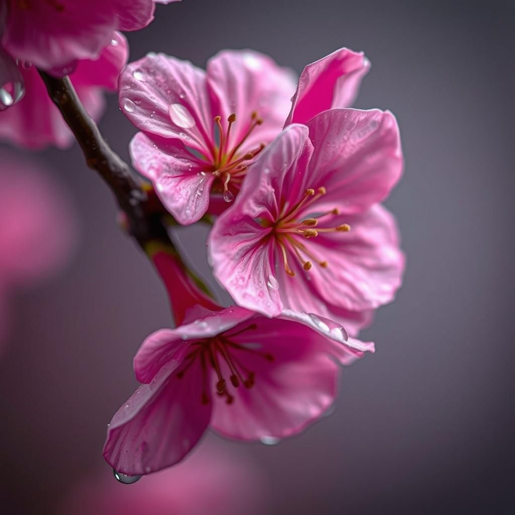 Cherry Blossom Petal Glistening in Rain: Impressionist Macro