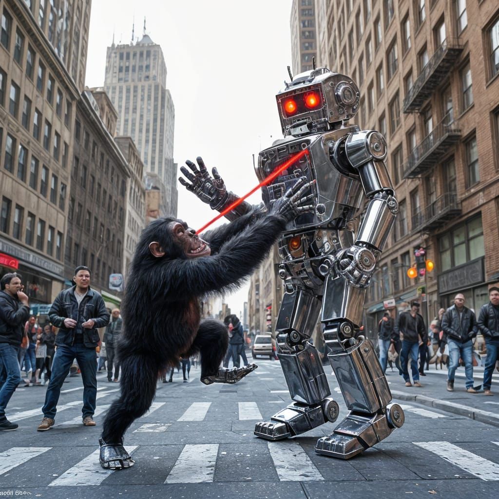 Cyberpunk Robot vs Agile Chimpanzee