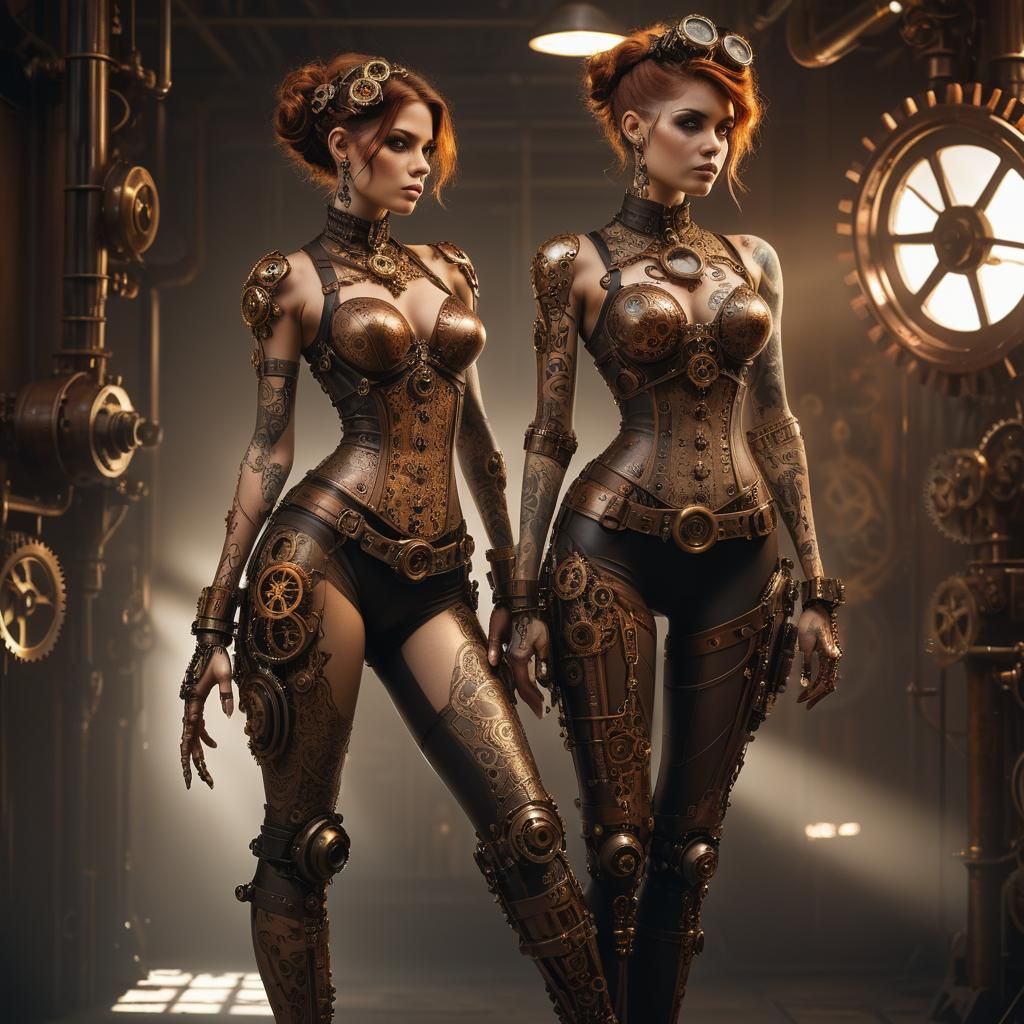Steampunk Woman with Tattoos in Industrial Setting