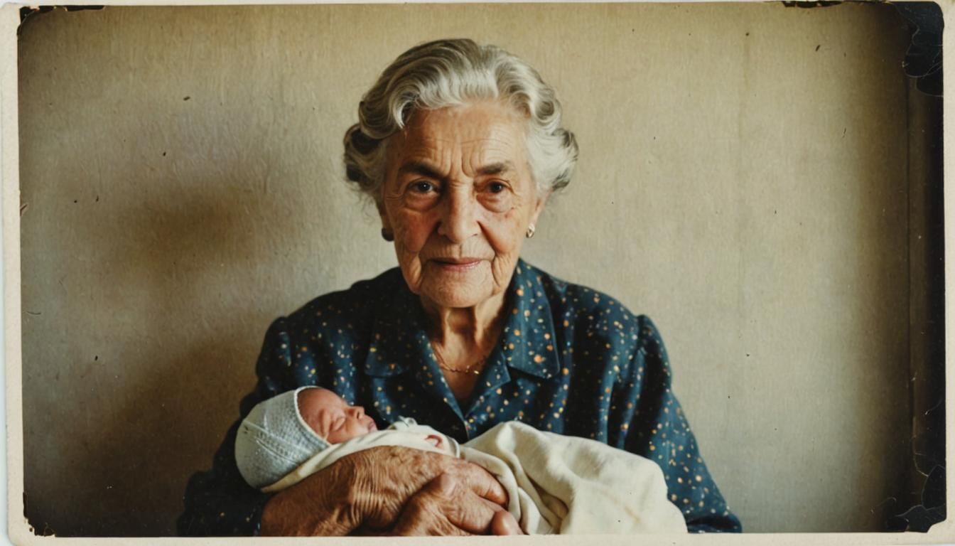 Touching Polaroid Portrait: Elderly Woman and Newborn