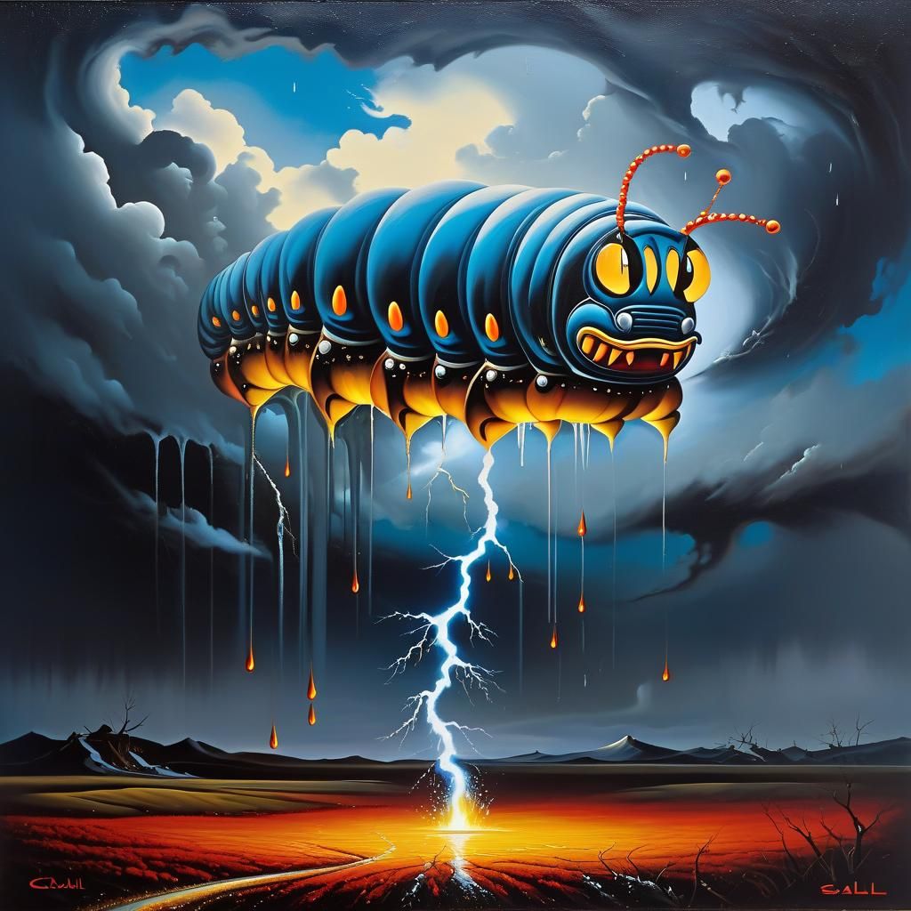 Surreal Caterpillar in Hellish Landscape: Oil on Canvas