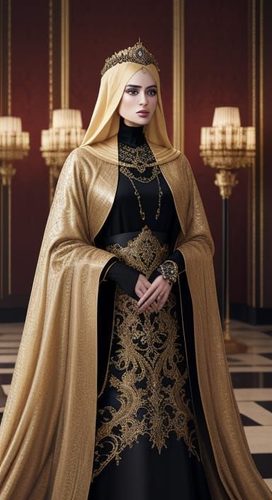 Majestic Royal Woman in Opulent Jewel-Encrusted Abaya
