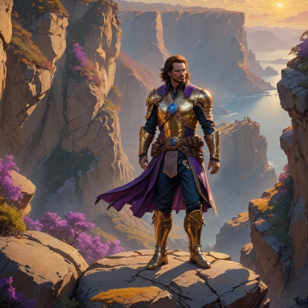 Heroic Captain Overlooks Mystical Realm in Art Nouveau Style