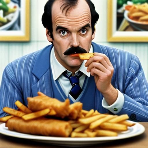 Basil Fawlty eating Fish and Chips