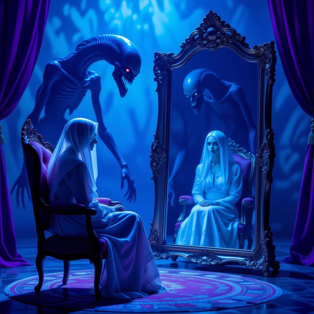 Ghostly Woman Sees Younger Self in Mirror with Shadow Monste...