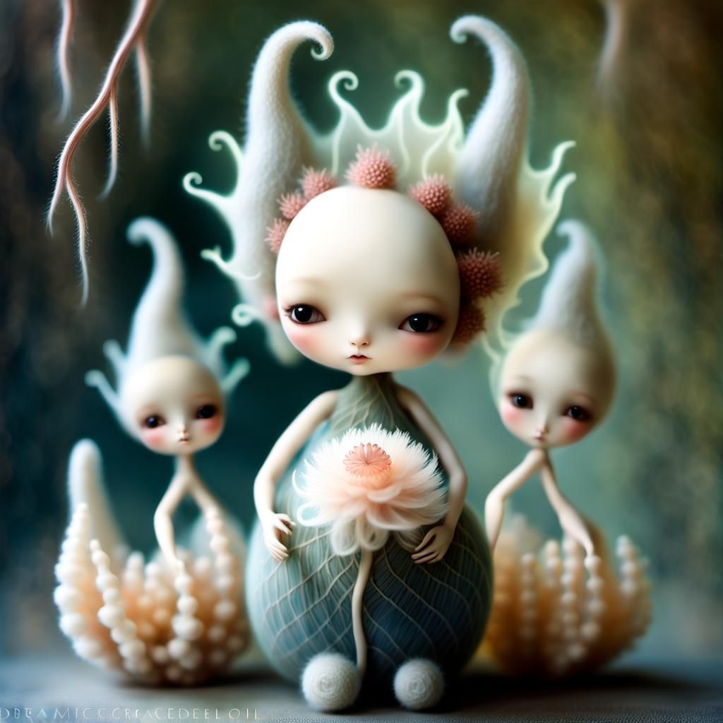 Surrealist Art of Elongated Wool Creatures with Iridescent P...