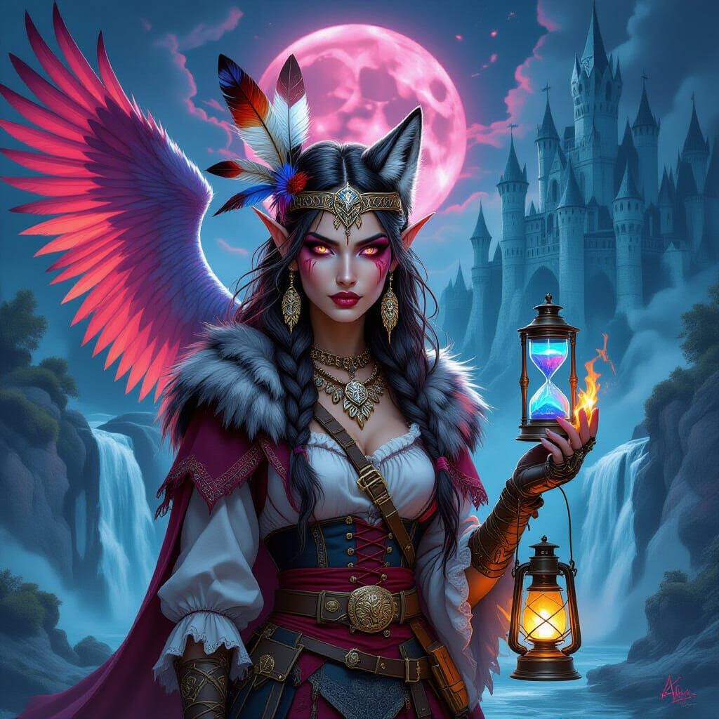 She-Wolf Elf Goddess with Dragon-Phoenix Wings