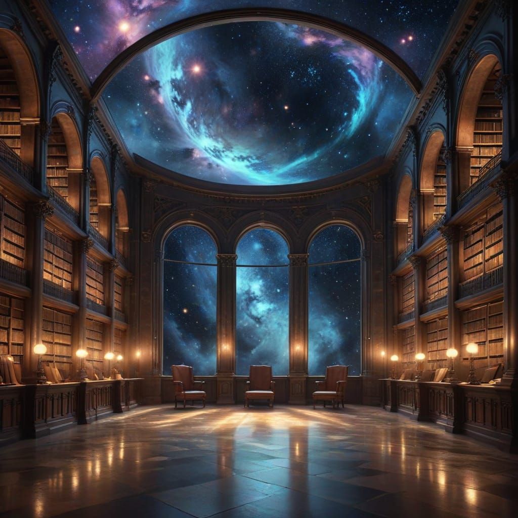 Cosmic Librarian Organizes Glowing Scrolls in Ethereal Art N...