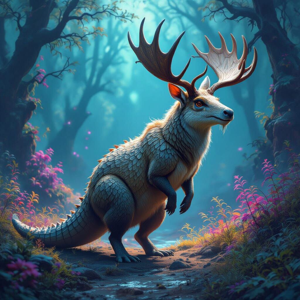 Hybrid Jerboa-Crocodile-Moose Creature in Bioluminescent For...