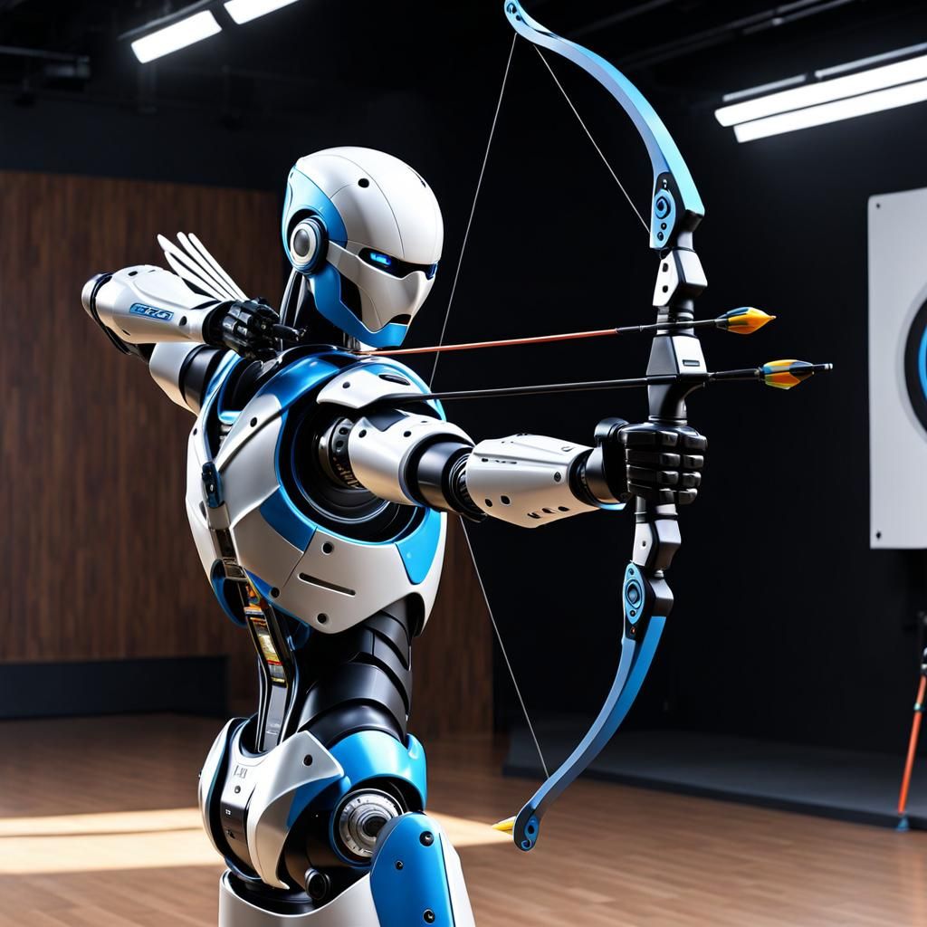 robot practicing archery, photorealistic