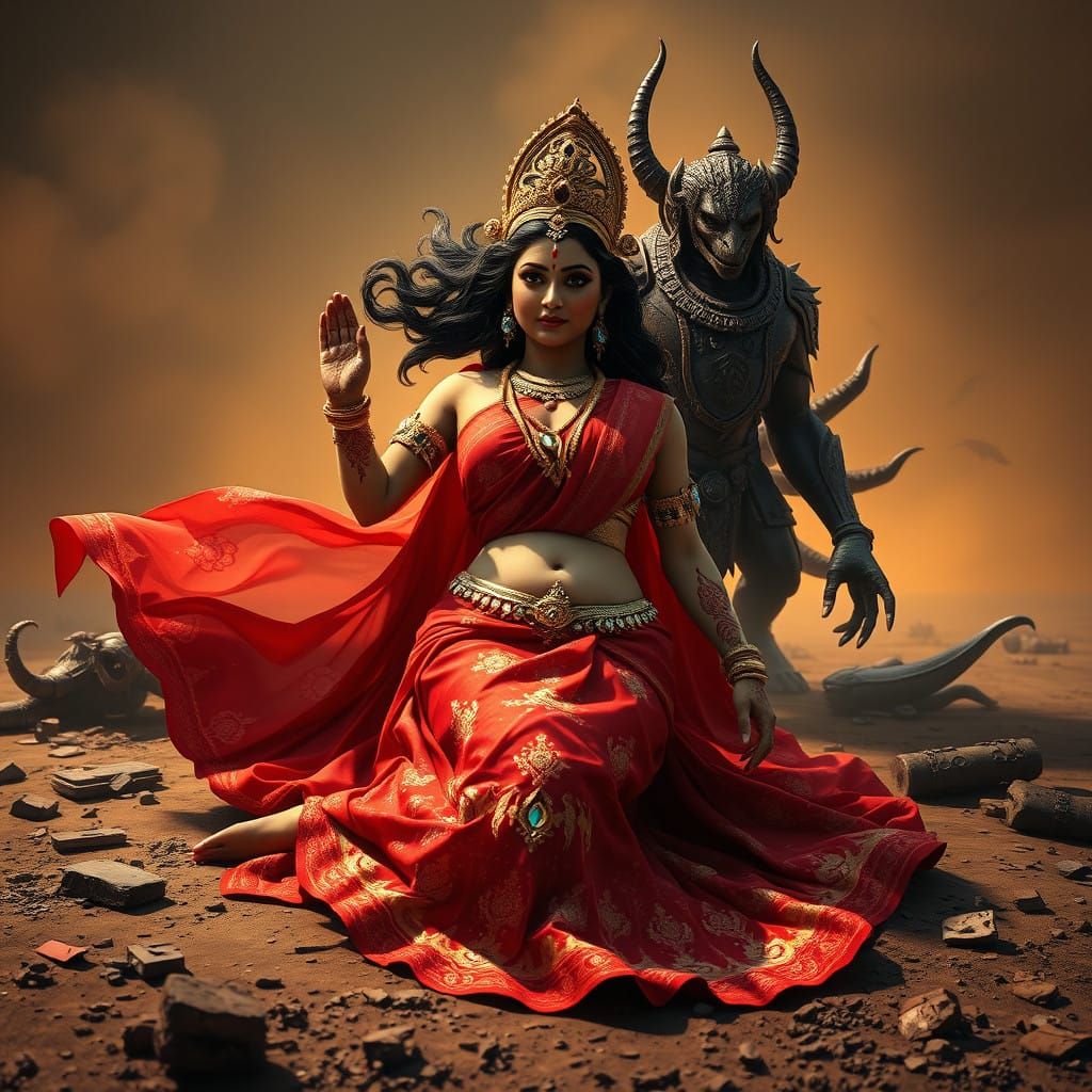 Goddess Durga in Majestic Battlefield Scene, Inspired by Hyp...
