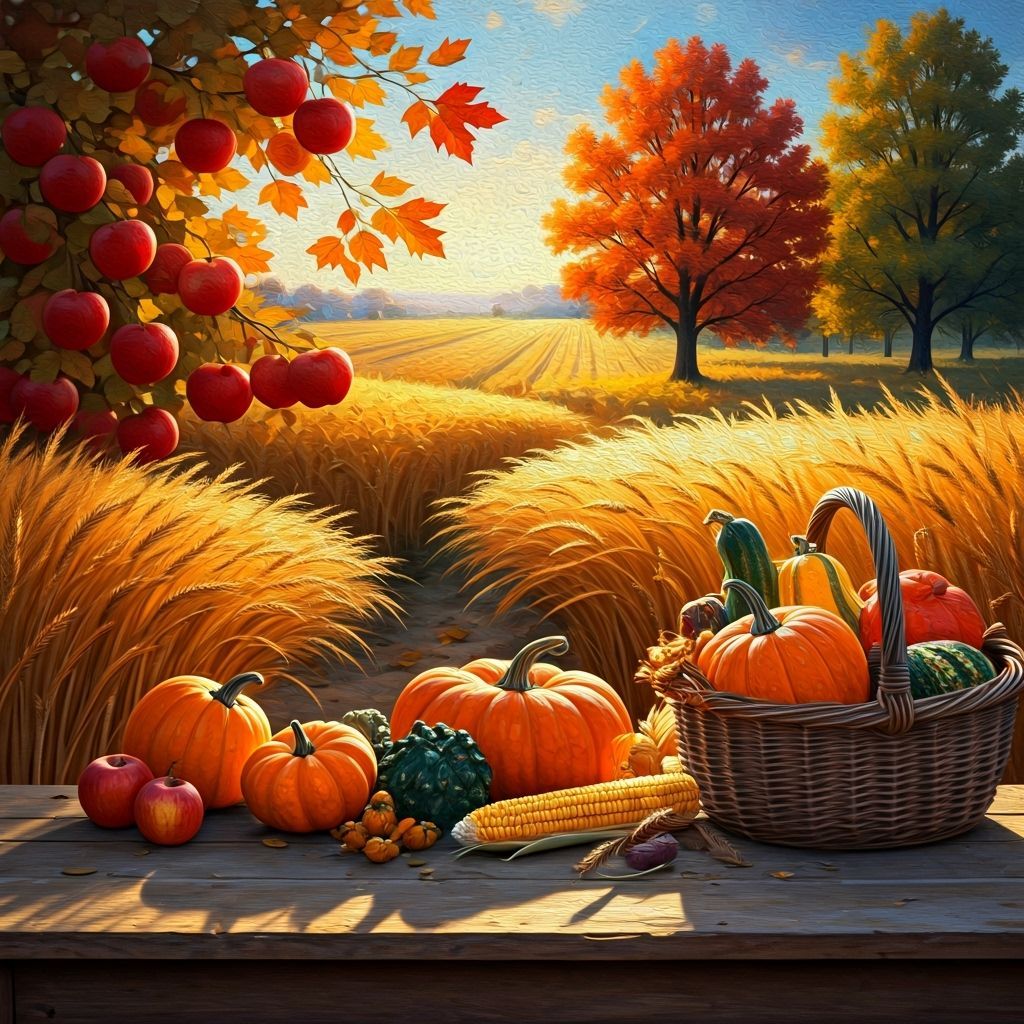 Abundant Autumn Harvest Scene in Vibrant Oil Painting Style