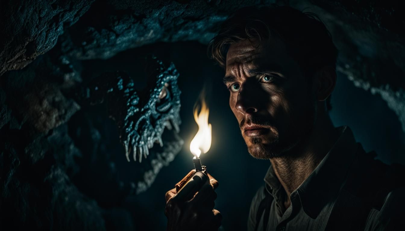 (a young man in a dark cave, closeup of face, holding a ligh...