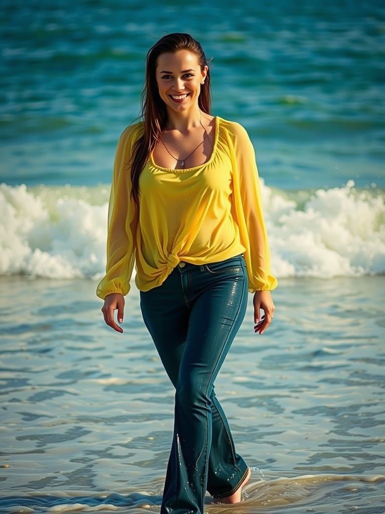 Sultry Brunette Woman Walks the Beach Edge on a Sunny Day