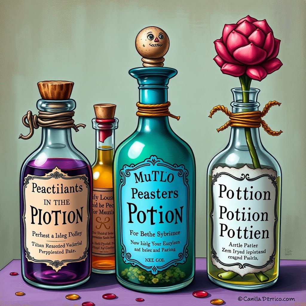 Fantastical Potion Bottles in Whimsical Realism Style