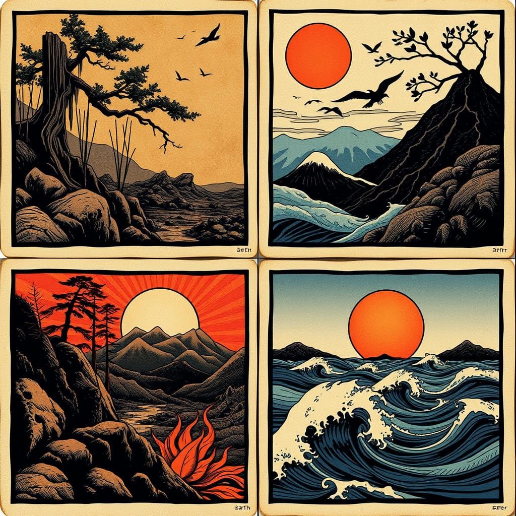 Woodcut Style Elemental Scenes: 36 Cards of Earth, Air, Fire...
