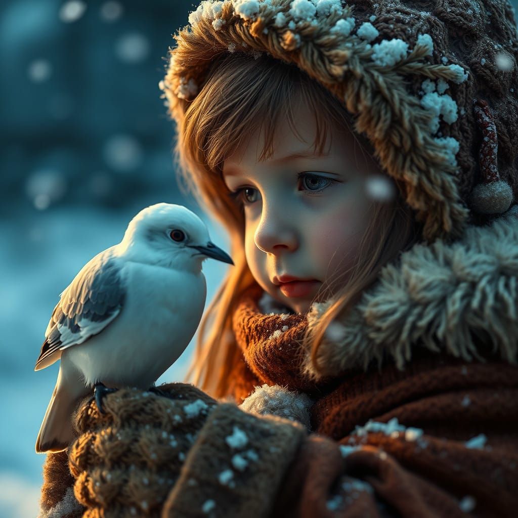Surreal Winter Scene with Girl and White Bird in Snowy Lands...
