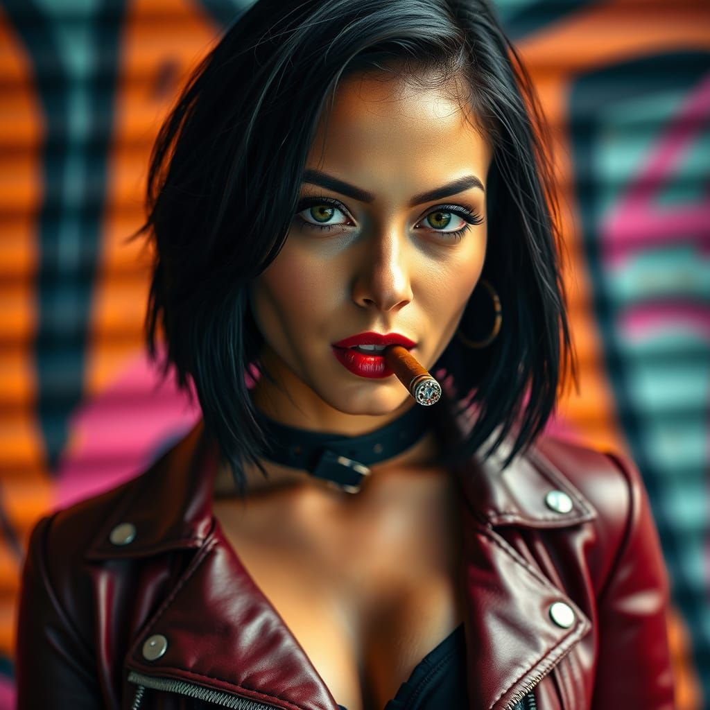 Glamorous Leather Biker in Neon Graffiti Studio