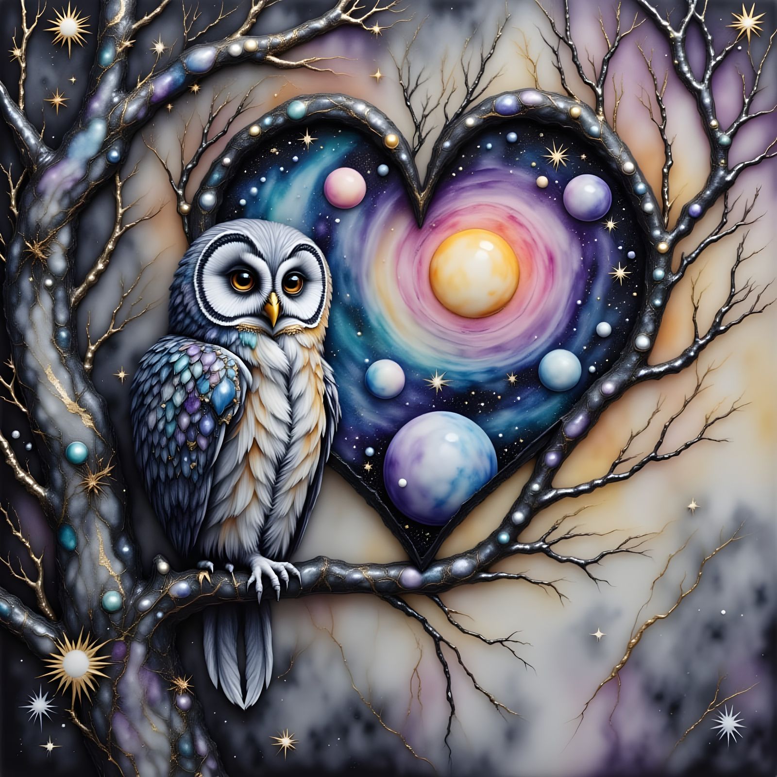 Enchanted Owl in Whimsical Galaxy Scene