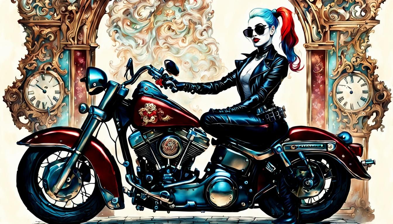 Harley Quinn on Motorcycle in Rococo Style