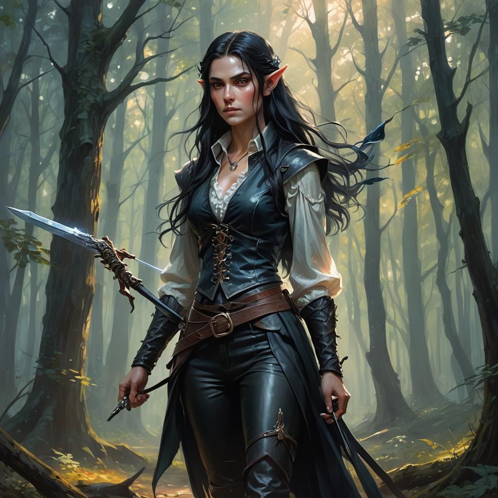 Elf Warrior in Forest, Oil Painting Style