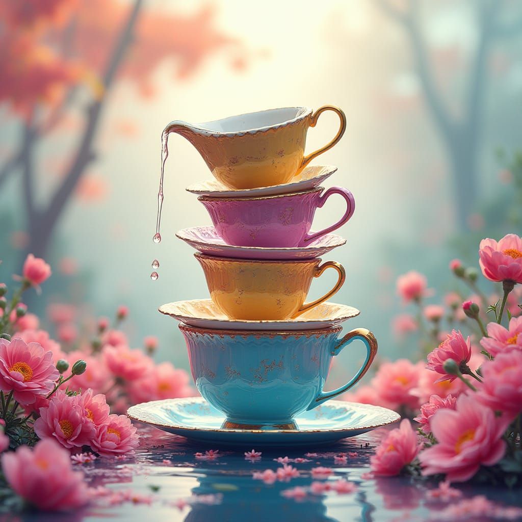 Magical Teacup Fountain in Dreamlike Garden