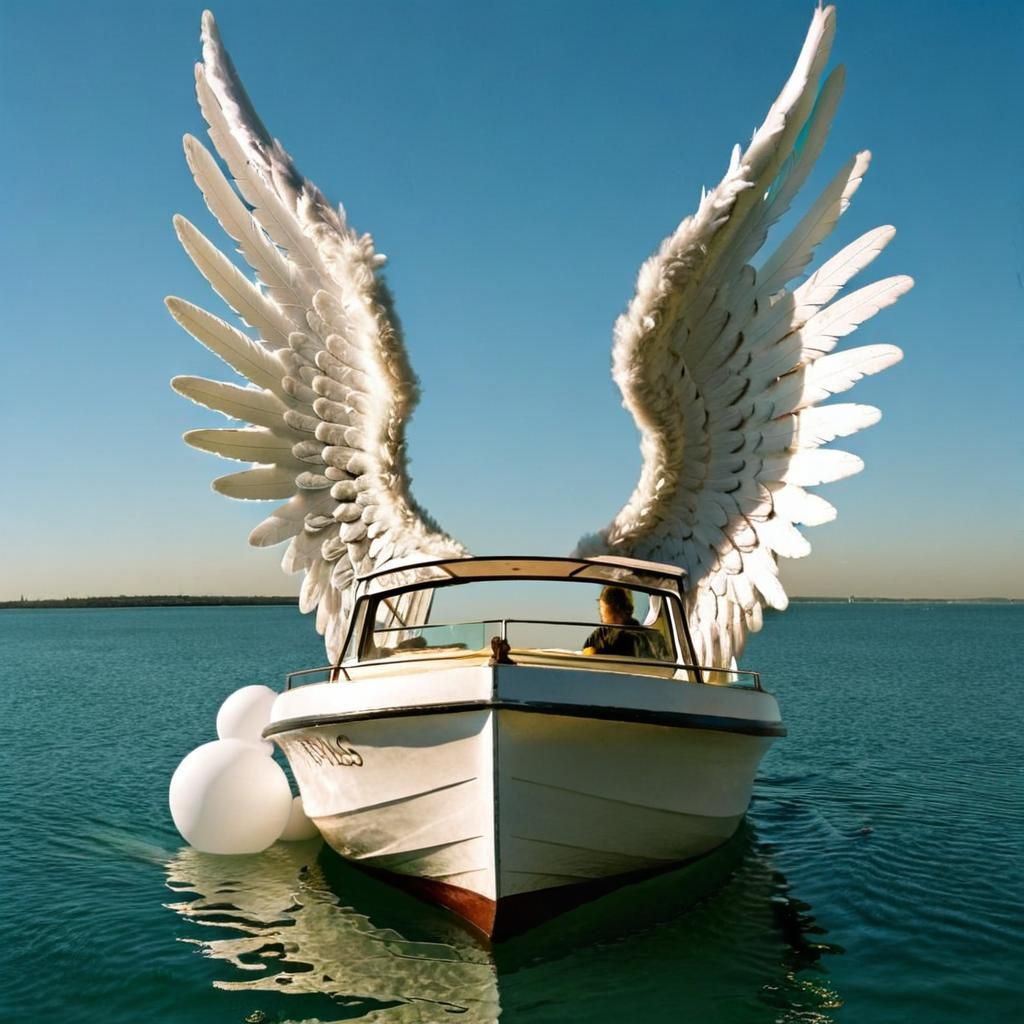 Imagine a boat with large angel wings floating through the air