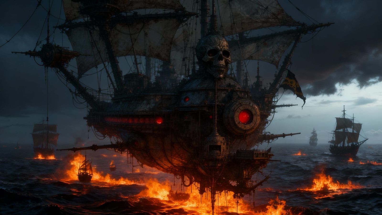 Retro-Futuristic Pirate Ship in Stormy Twilight