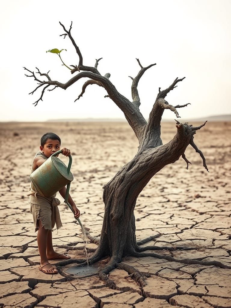 Boy Waters Lonely Tree in Wasteland