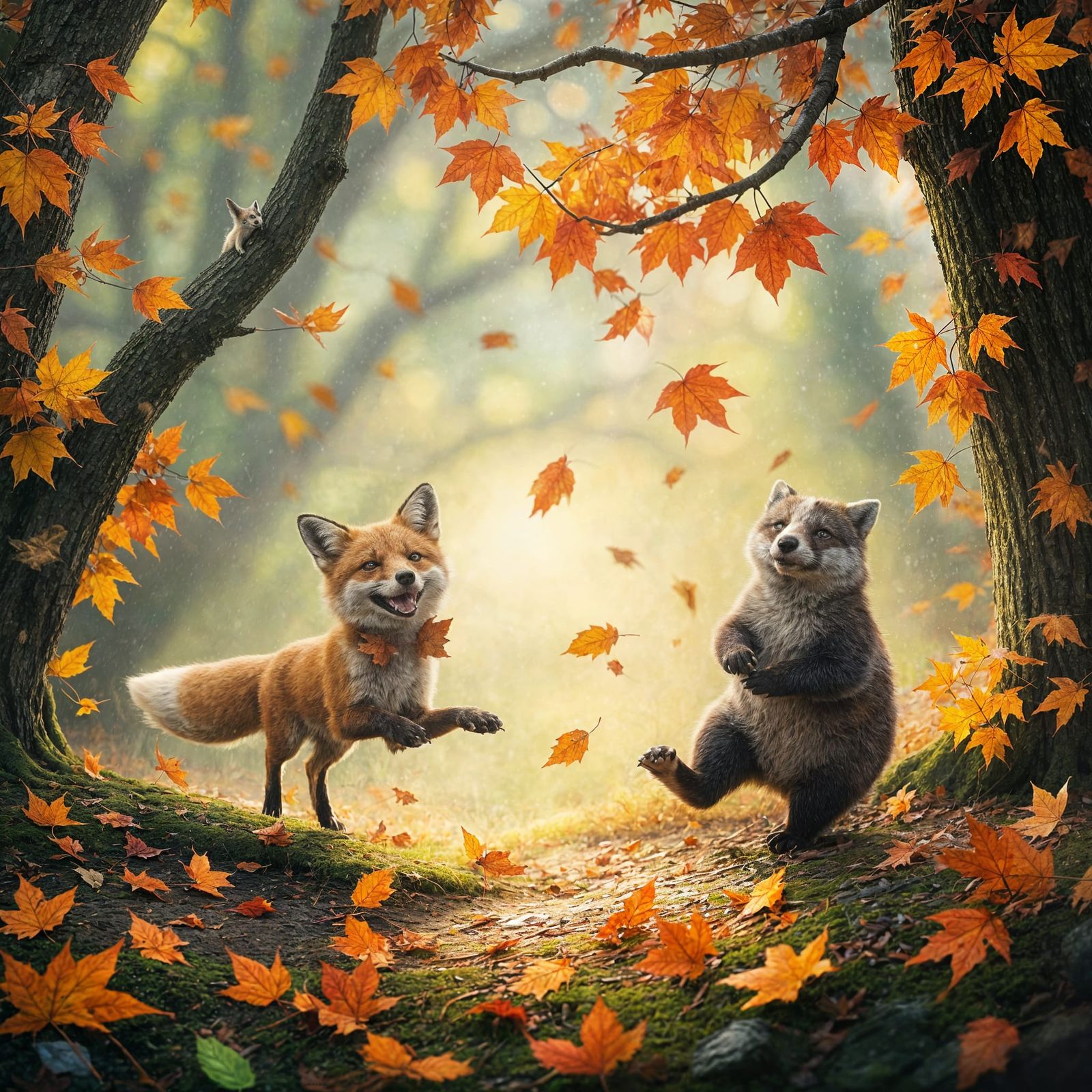 Fox and Badger in Magical Autumn Leaf Storm