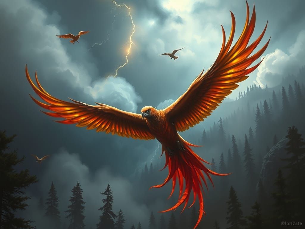 Phoenix Soaring Through Stormy Sky: A Gothic Fantasy