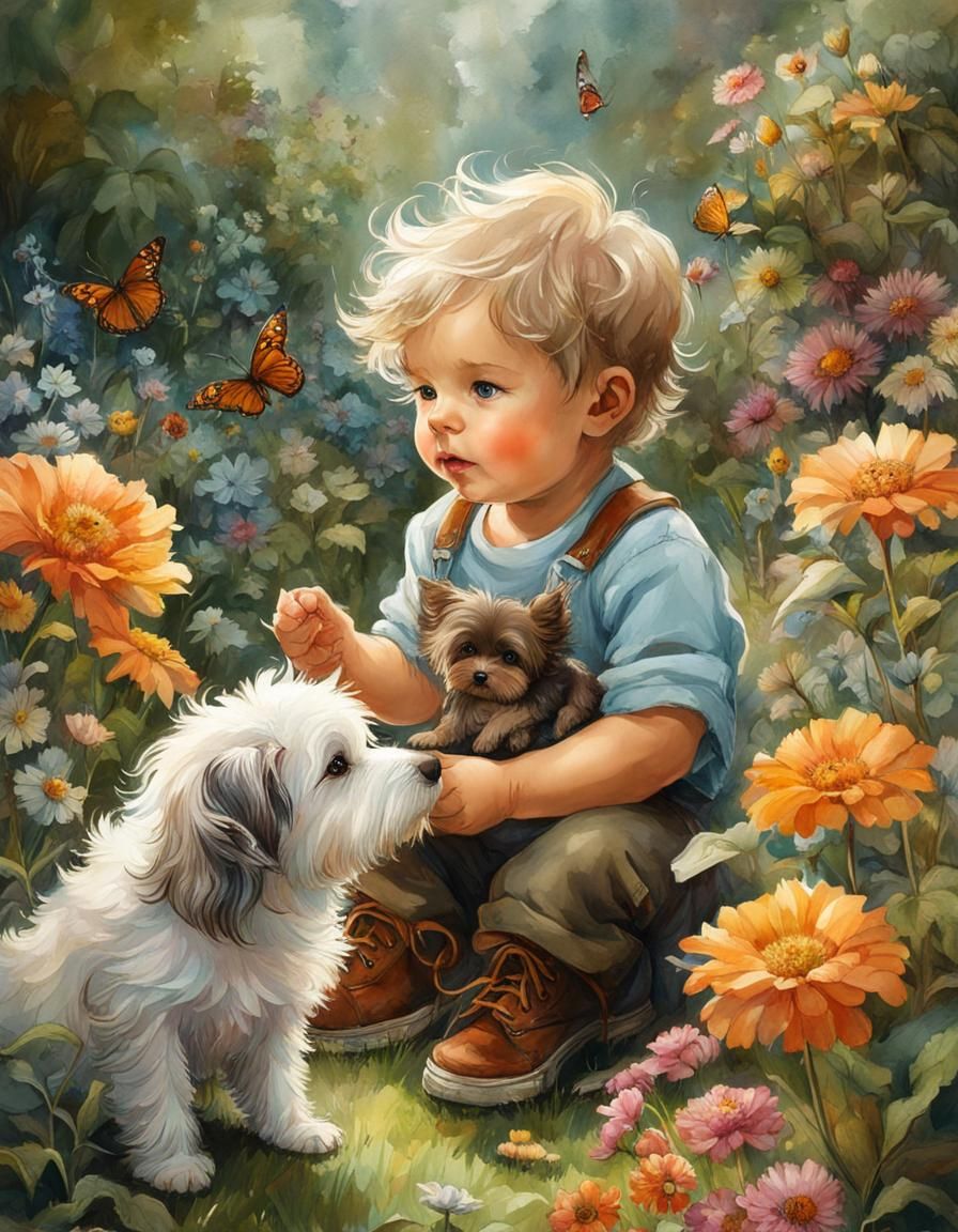 cute baby boy, cute shoes, wonderful hair, opulent grey eyes, plays with a little dog in a wonderful garden, wonderful f...