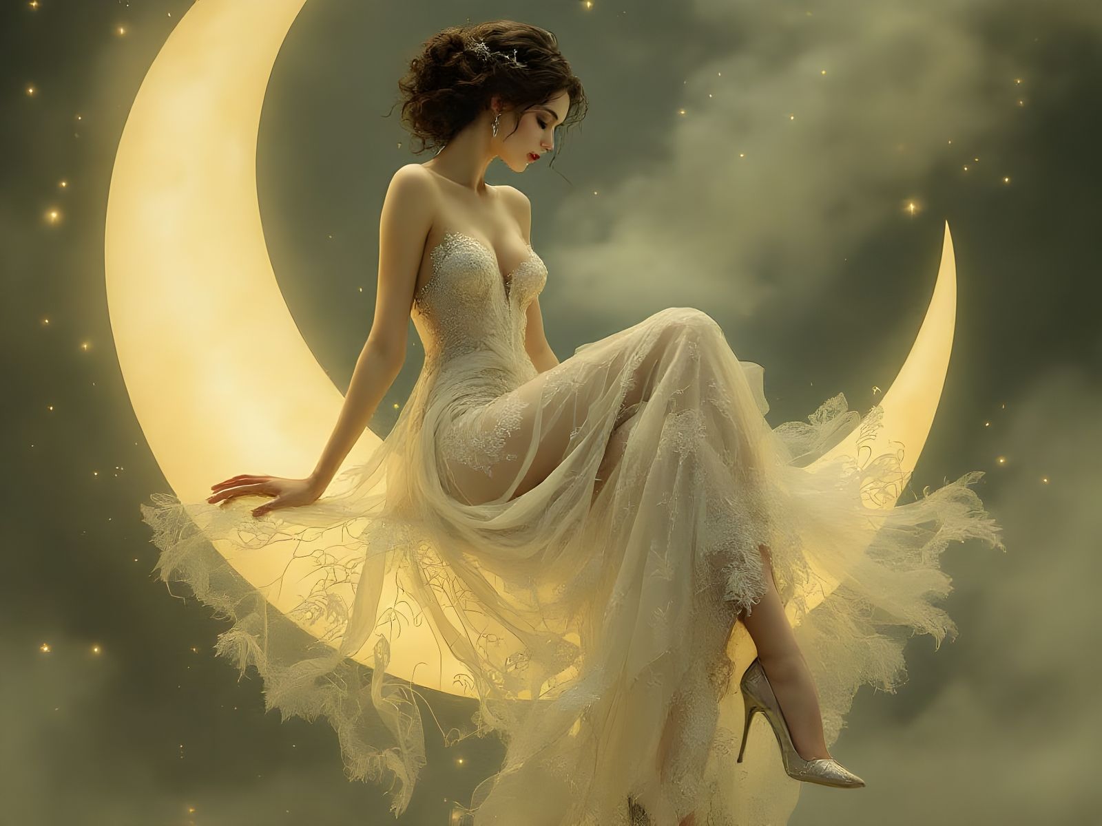 Ethereal Woman Sits on Crescent Moon in Elegant Dress