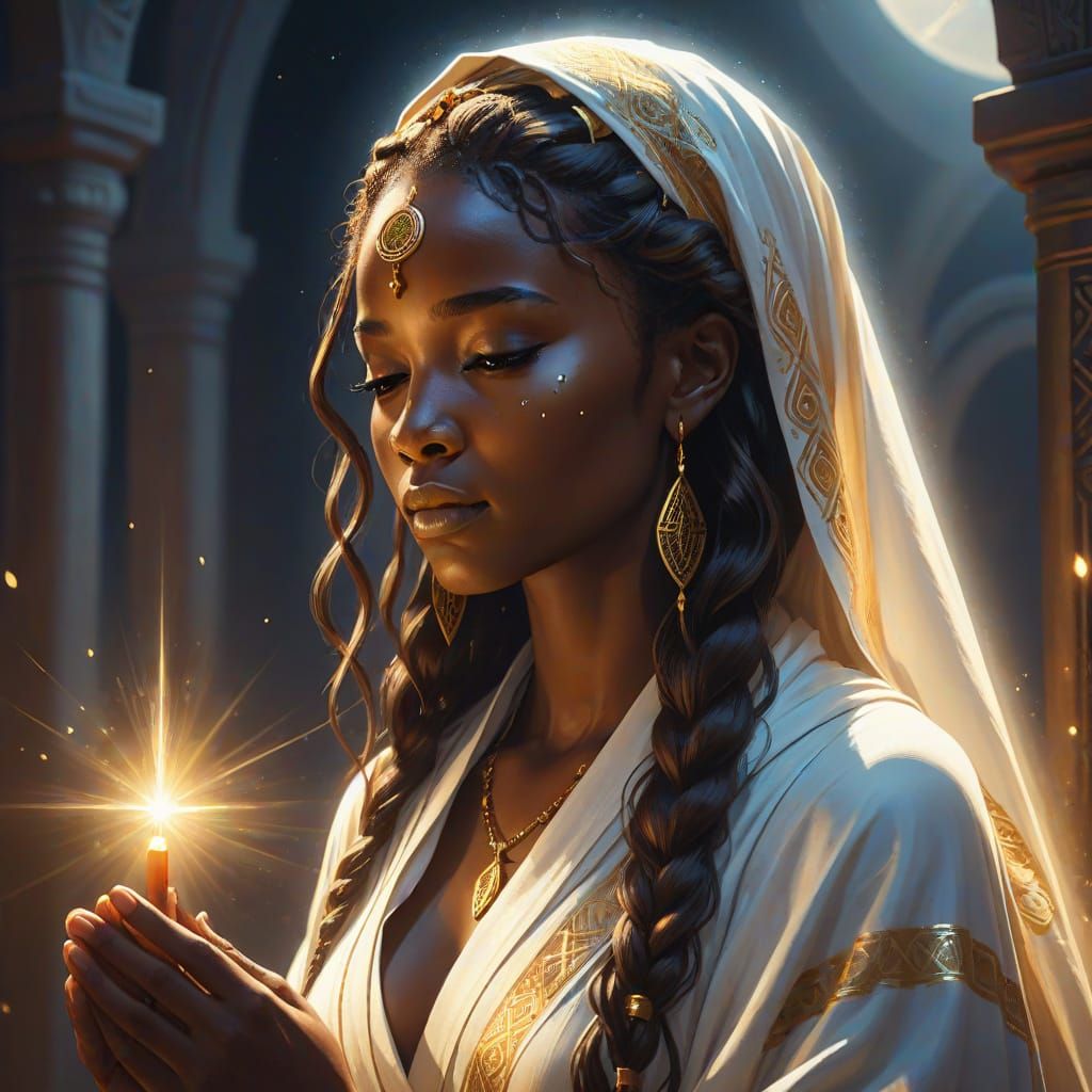 Woman in Prayer with Radiant Aura, Fantasy Art
