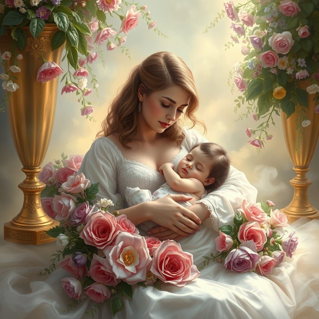 Mother and Baby in Floral Paradise