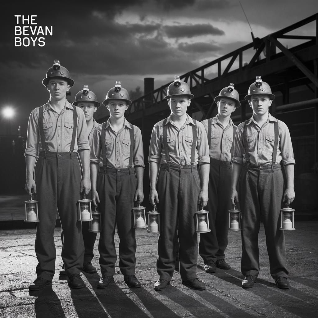 Caption in 1930s style font  "The Bevan Boys" 
A black and w...