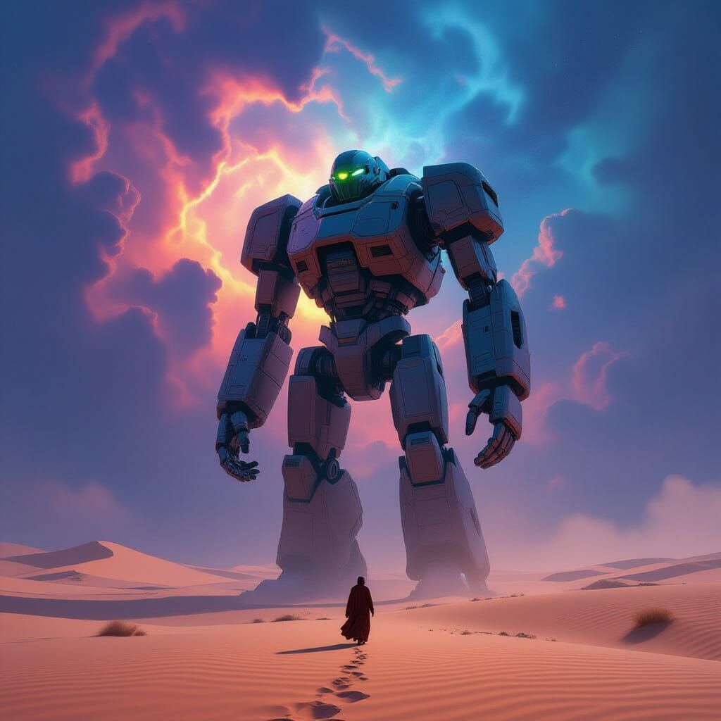Ancient Robot Deity in Nebula Desert Sky