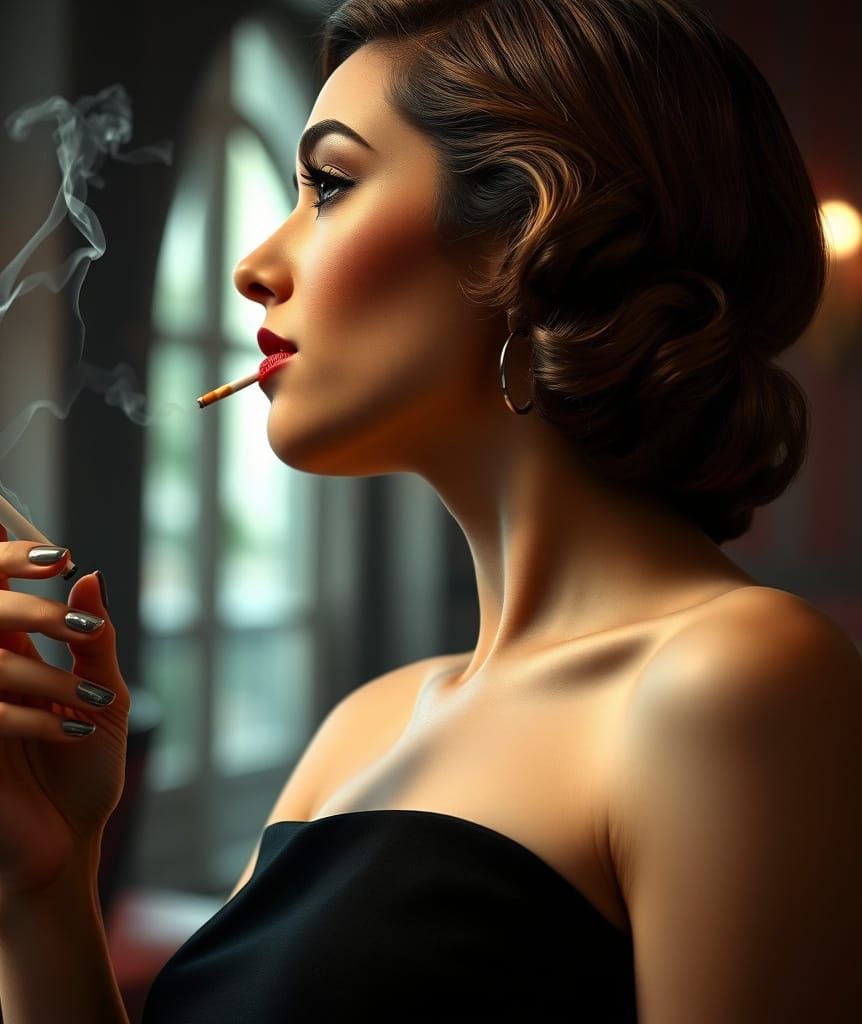 1930s Woman Smoking: Hyper-Realistic Close-Up