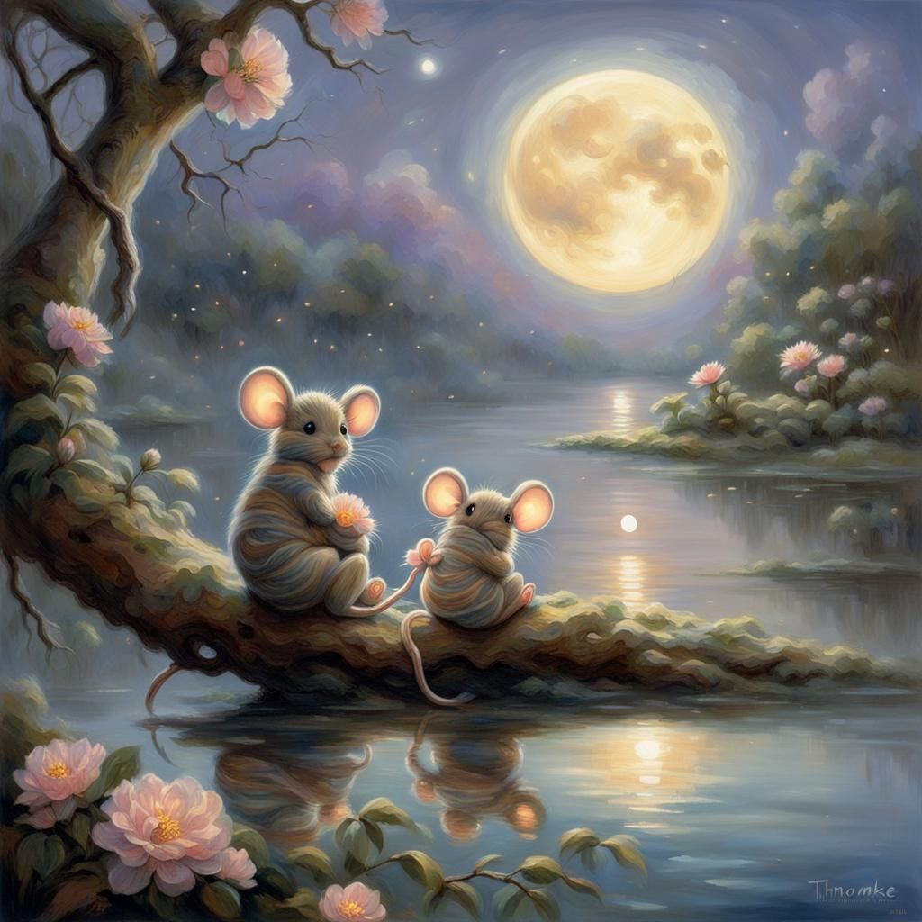 Mouse Family Under Moonlight: Ethereal Fantasy Art