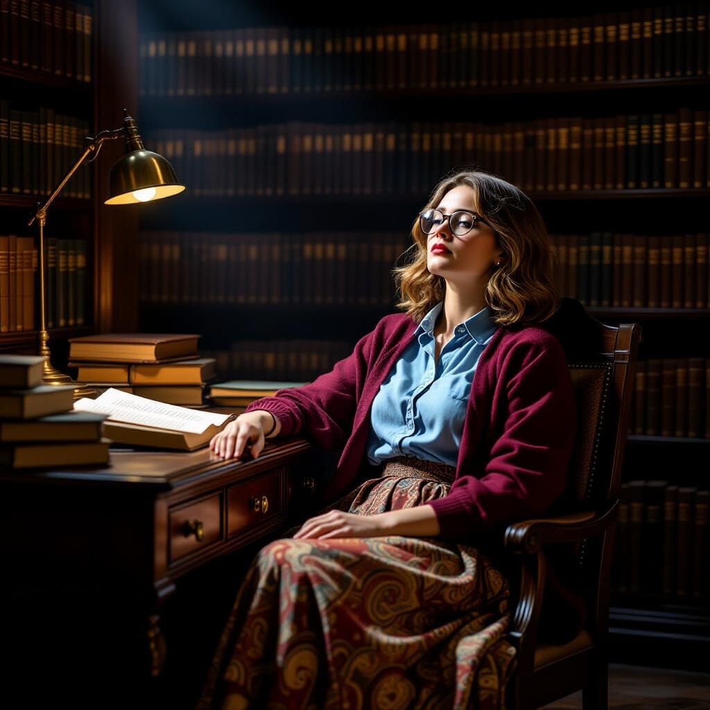 Woman Slumped at Desk in Dim Library, Film Noir Style