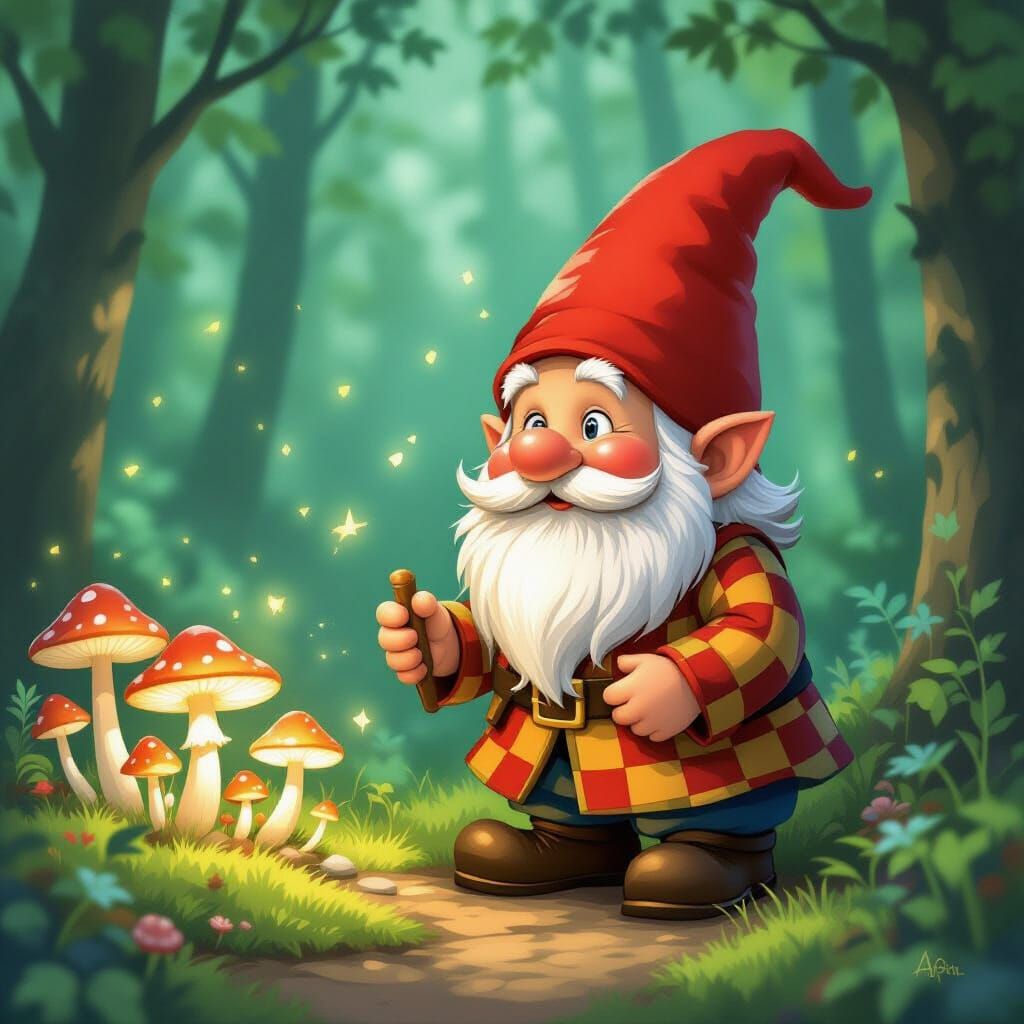 Whimsical Garden Gnome Tending Luminous Mushrooms