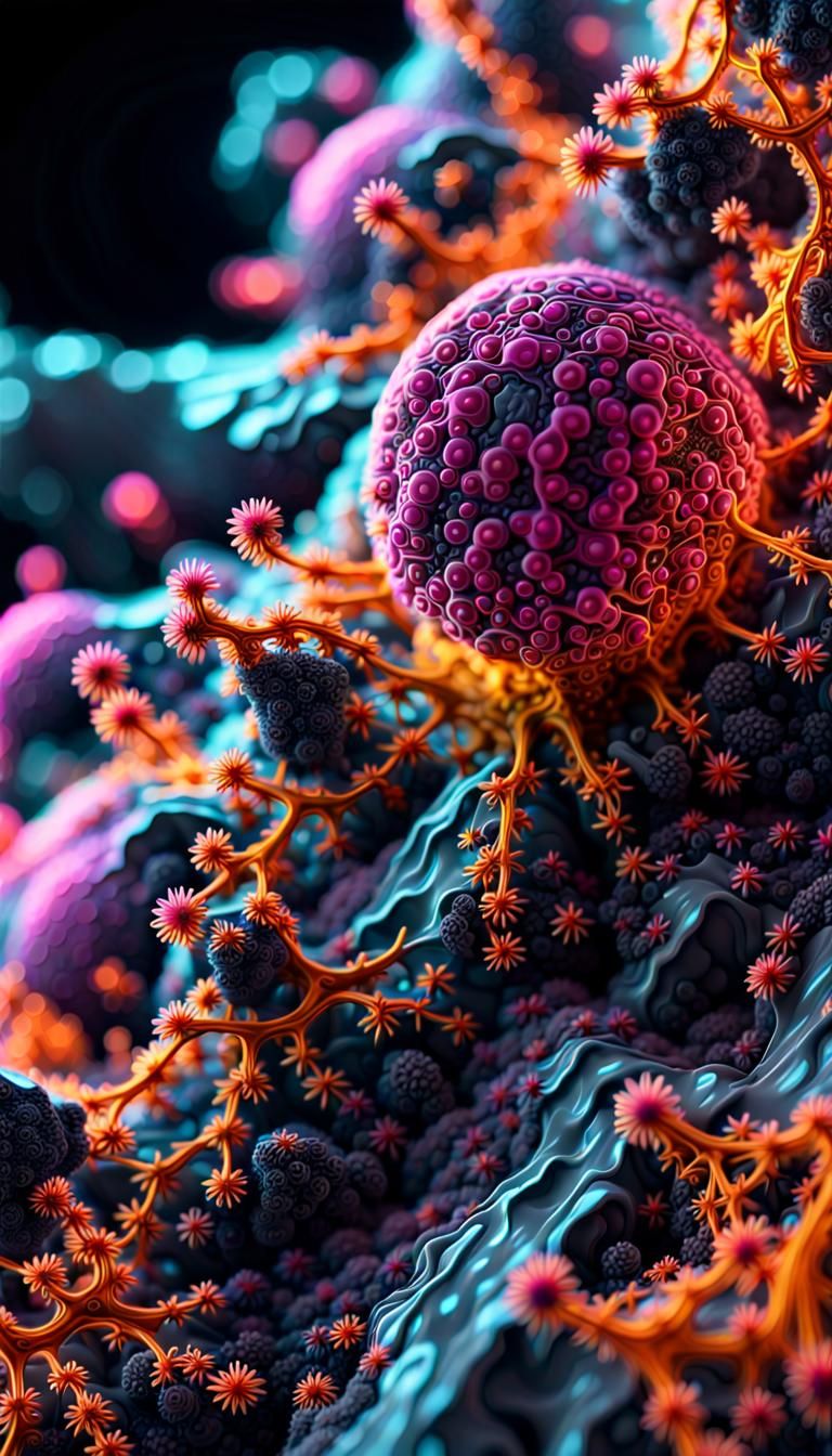 Surreal Fractal Art: Biotic Transformation in Neon Colors