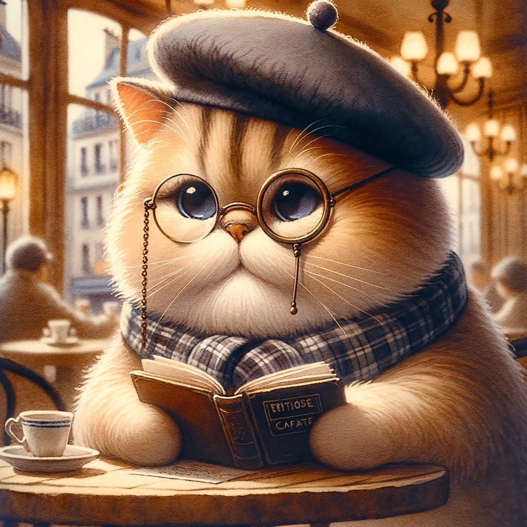 Philosophical Cat in Parisian Cafe Watercolor