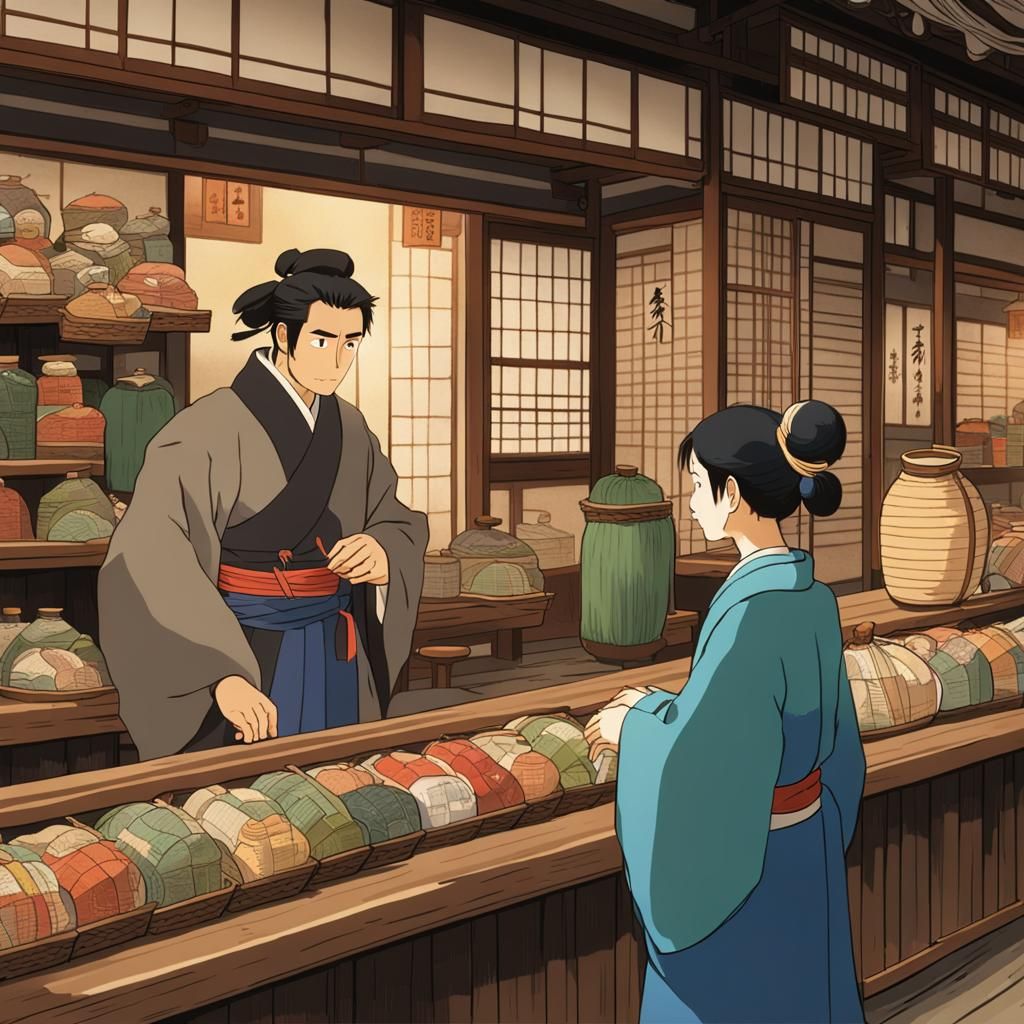 Edo Merchant Talking to Woman: Ghibli Style