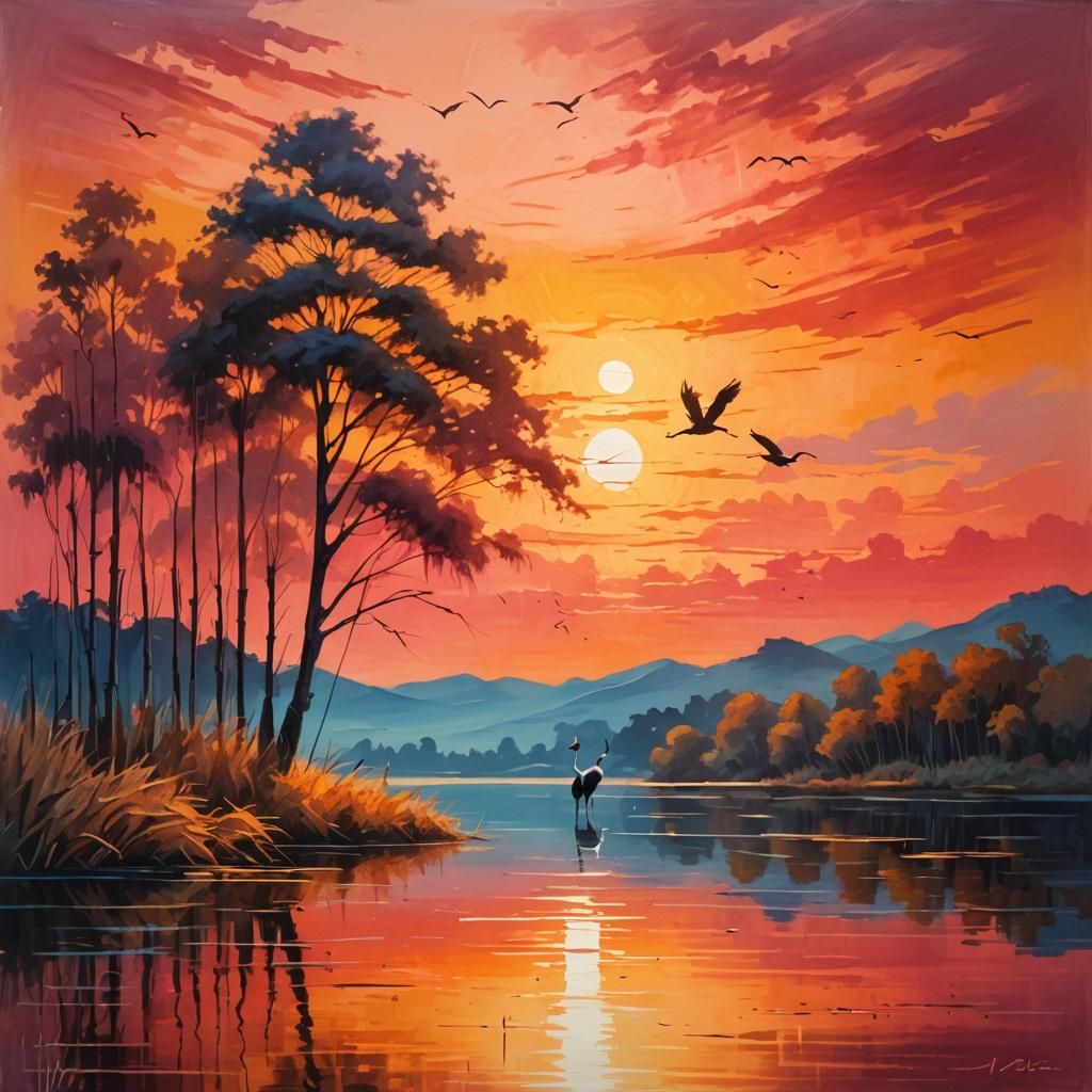 Dreamlike Crane Landscape Painting in Surreal Style